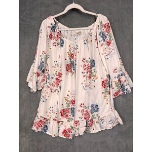 Terra & Sky Womens 1X White Floral Ruffle Bell Sleeve Rayon Peasant Blouse Top